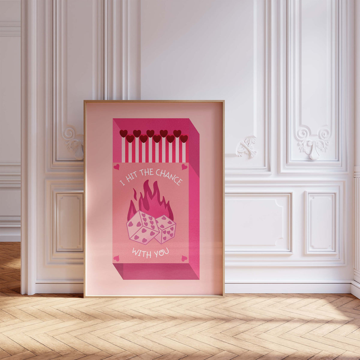 Matchbox Poster “Hit The Chance With You” · Love Illustration · Dice Design · Vintage Pink & Red · Unframed Print