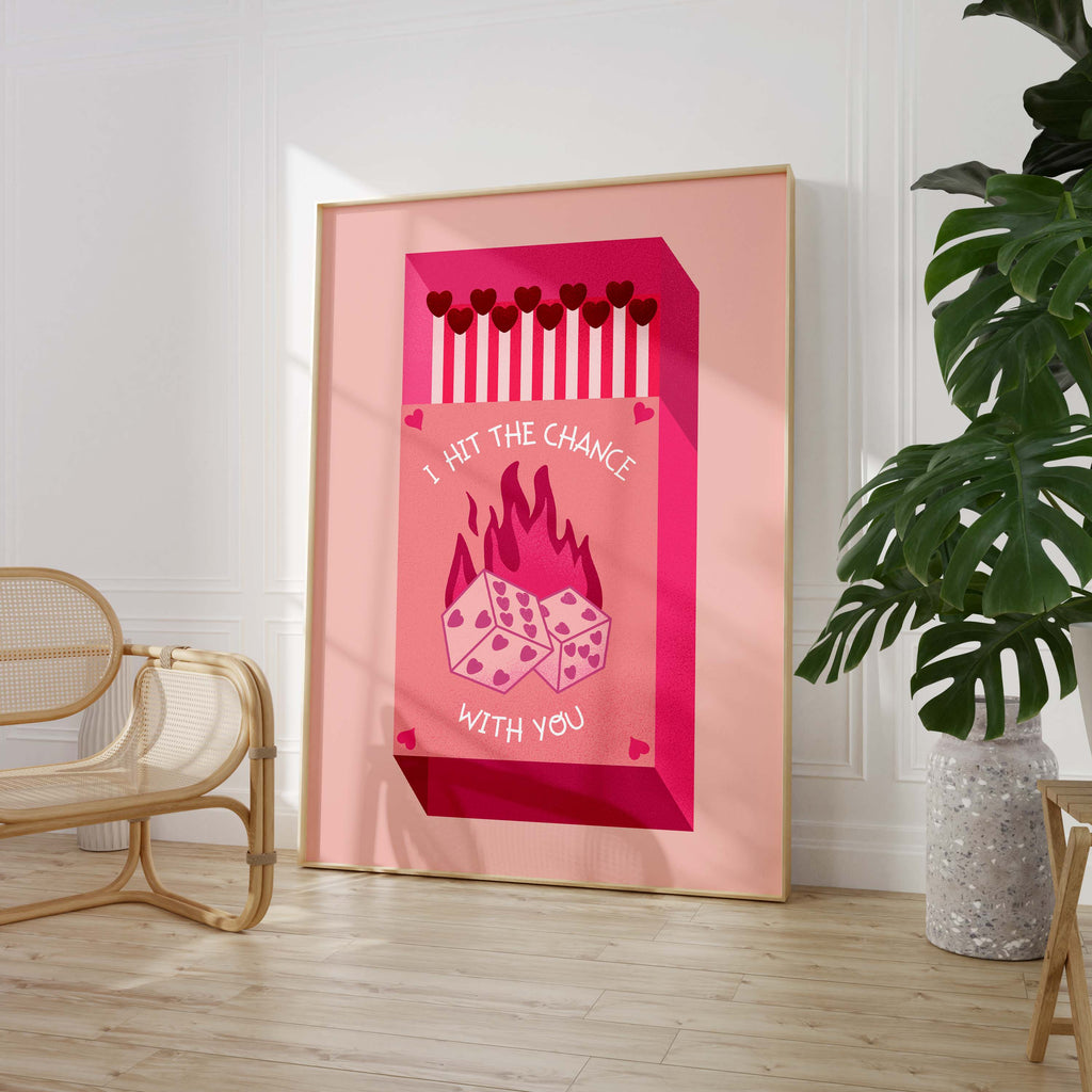 Matchbox Poster “Hit The Chance With You” · Love Illustration · Dice Design · Vintage Pink & Red · Unframed Print