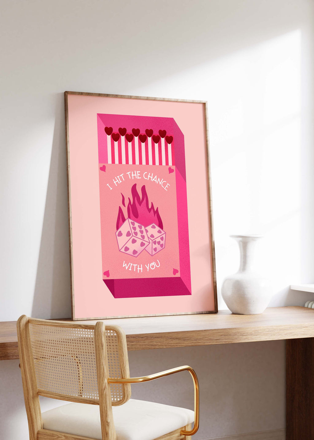Matchbox Poster “Hit The Chance With You” · Love Illustration · Dice Design · Vintage Pink & Red · Unframed Print