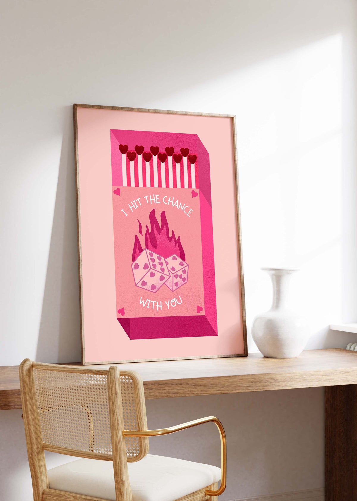 Matchbox Poster “Hit The Chance With You” · Love Illustration · Dice Design · Vintage Pink & Red · Unframed Print