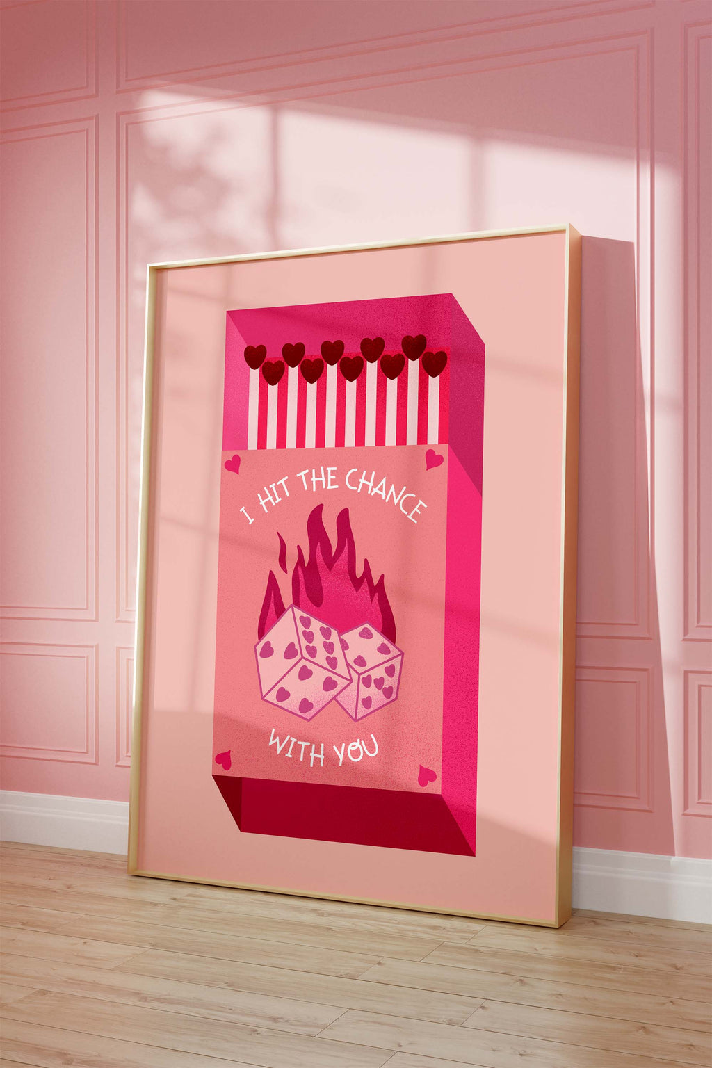 Matchbox Poster “Hit The Chance With You” · Love Illustration · Dice Design · Vintage Pink & Red · Unframed Print