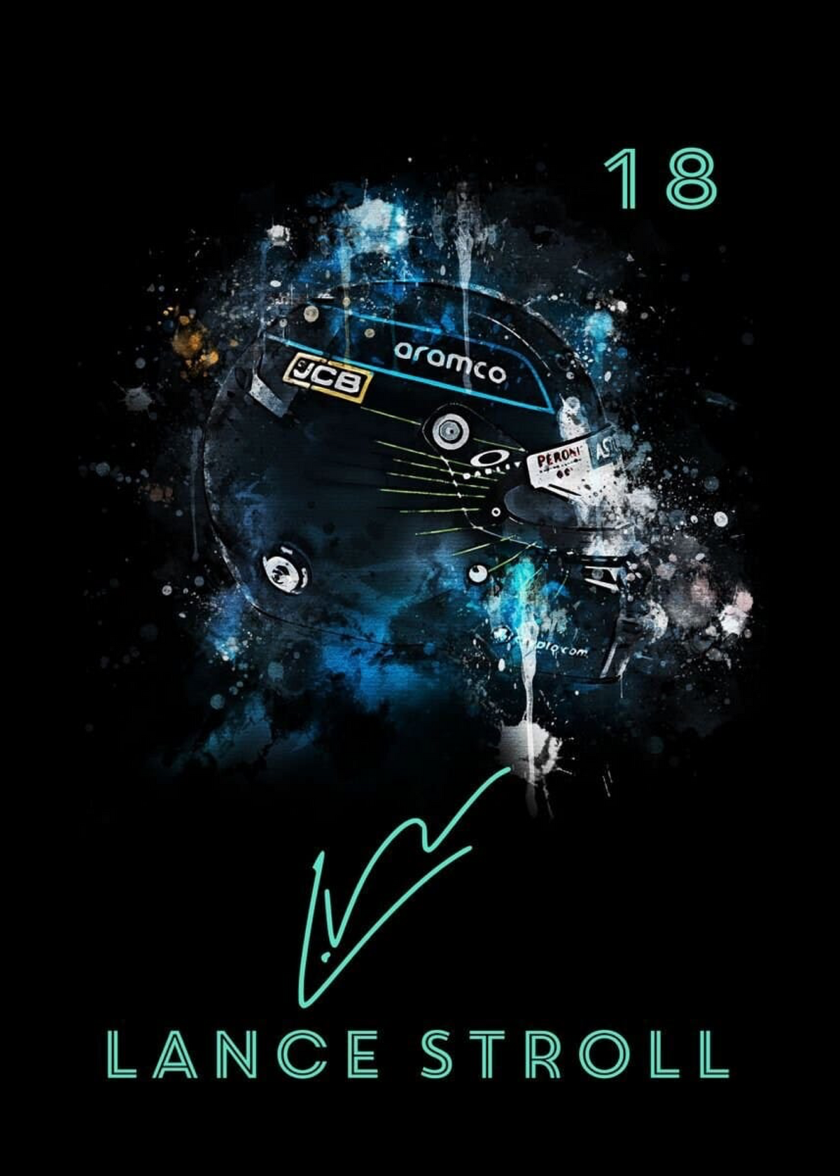 Formula 1 Helmet Watercolour Poster · Driver Name, Signature & Race Number · Unframed Print