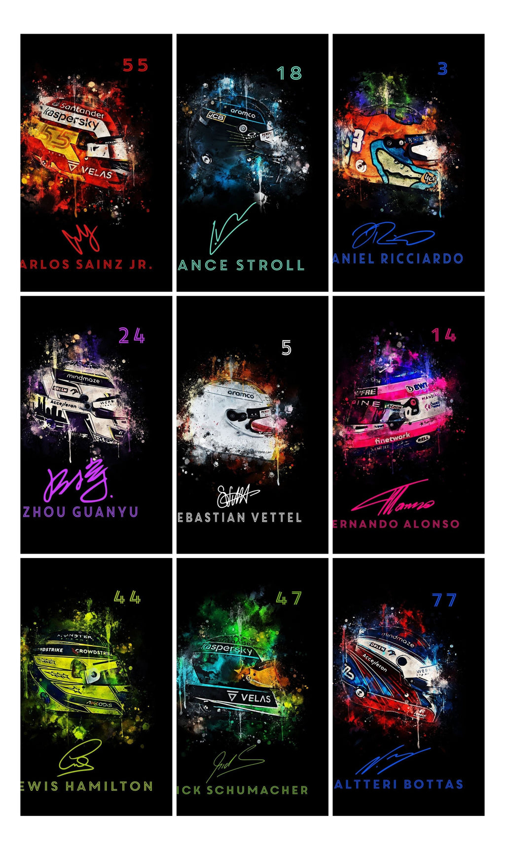 Formula 1 Helmet Watercolour Poster · Driver Name, Signature & Race Number · Unframed Print