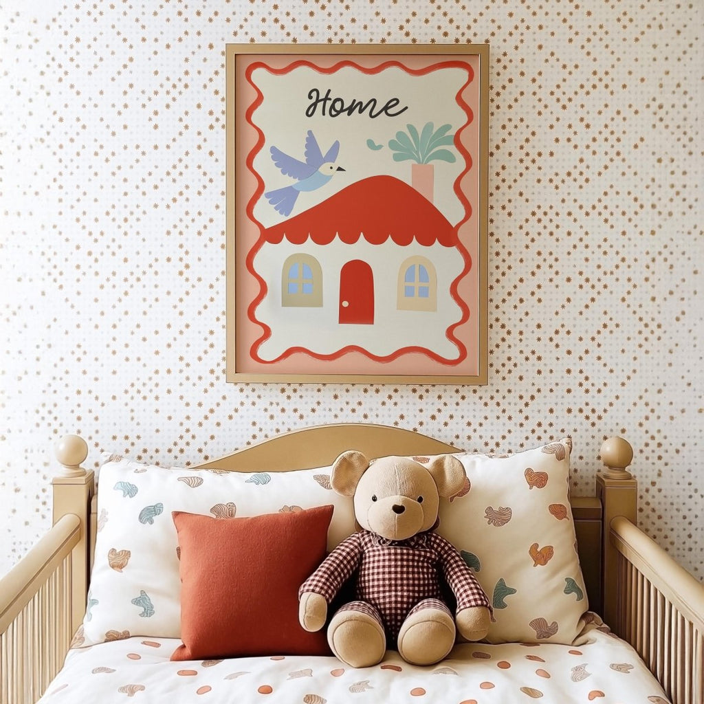 Kids Room Poster “Home” with Bird & Plant · Soft Colours Wall Art · Unframed Print