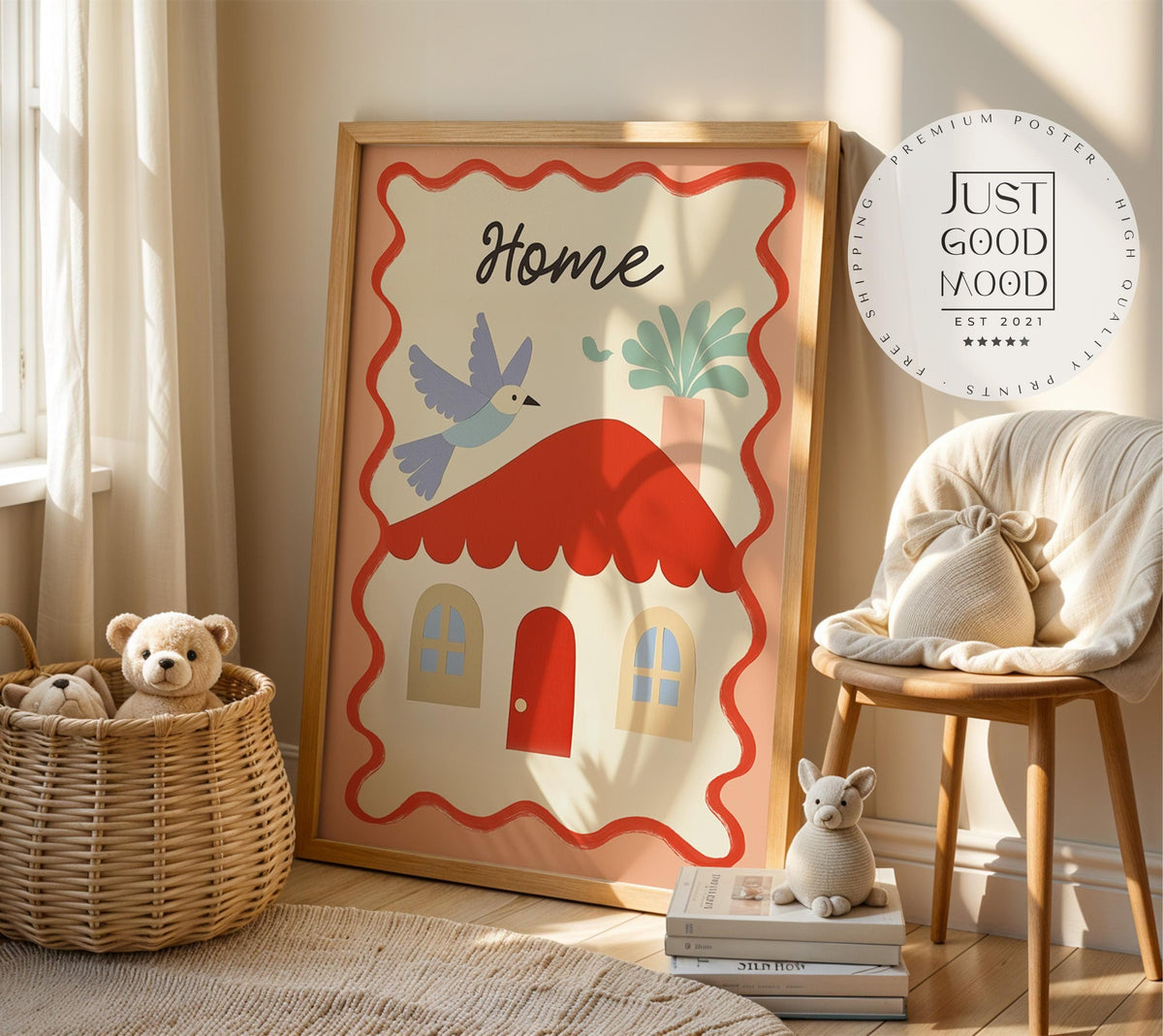 Kids Room Poster “Home” with Bird & Plant · Soft Colours Wall Art · Unframed Print