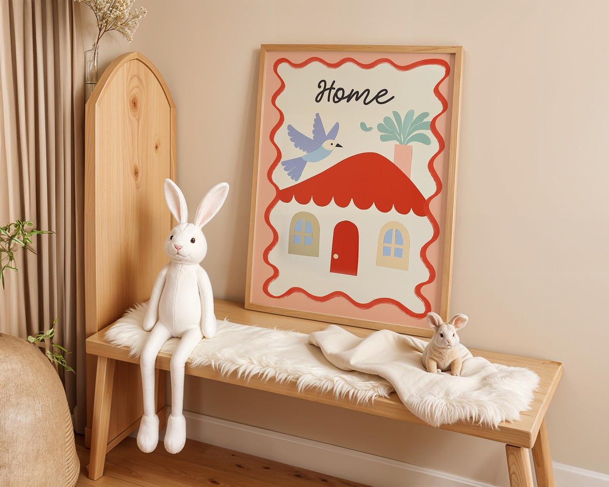 Kids Room Poster “Home” with Bird & Plant · Soft Colours Wall Art · Unframed Print