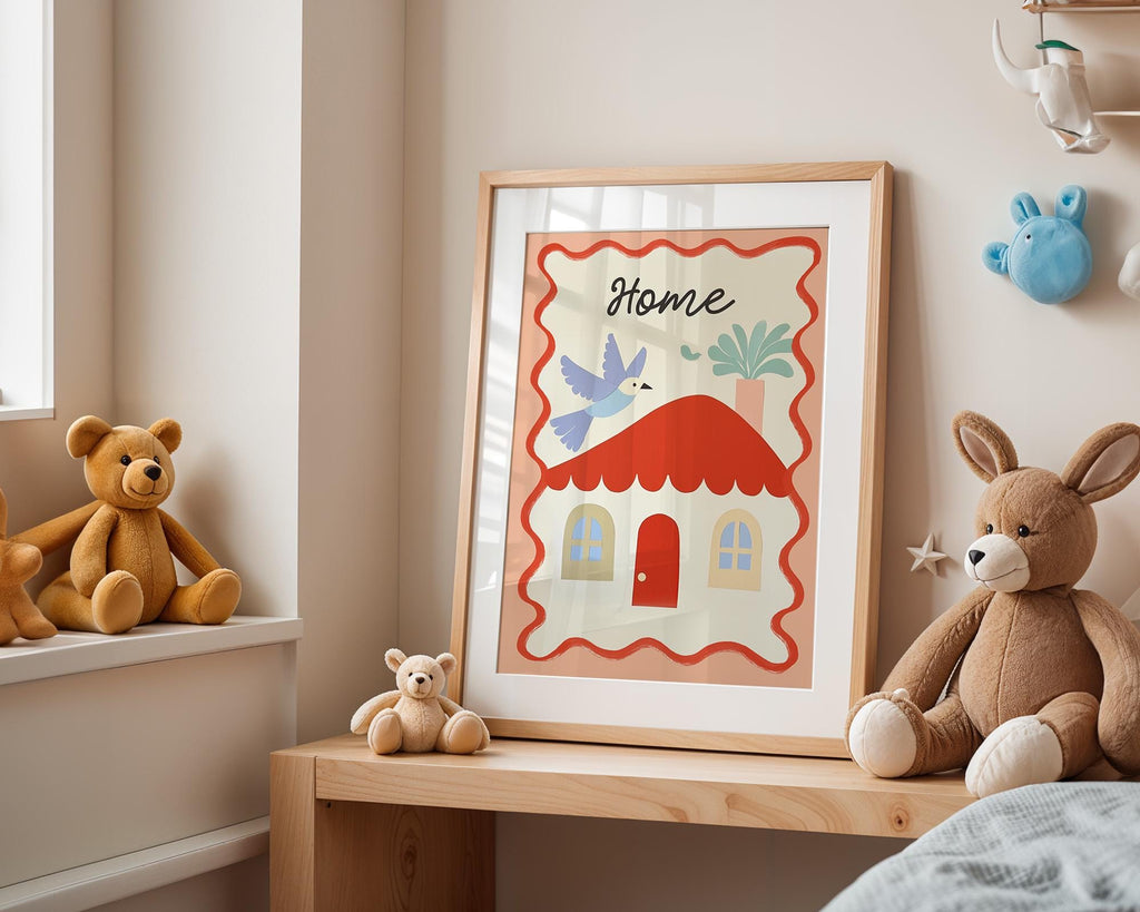 Kids Room Poster “Home” with Bird & Plant · Soft Colours Wall Art · Unframed Print