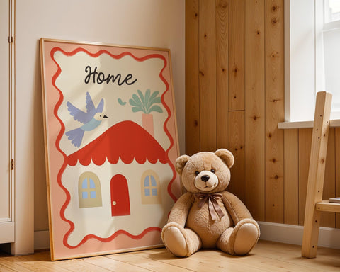 Çocuk Odası Posteri “Home” · Kuş ve Bitkili · Yumuşak Renkli Duvar Sanatı · Çerçevesiz Baskı