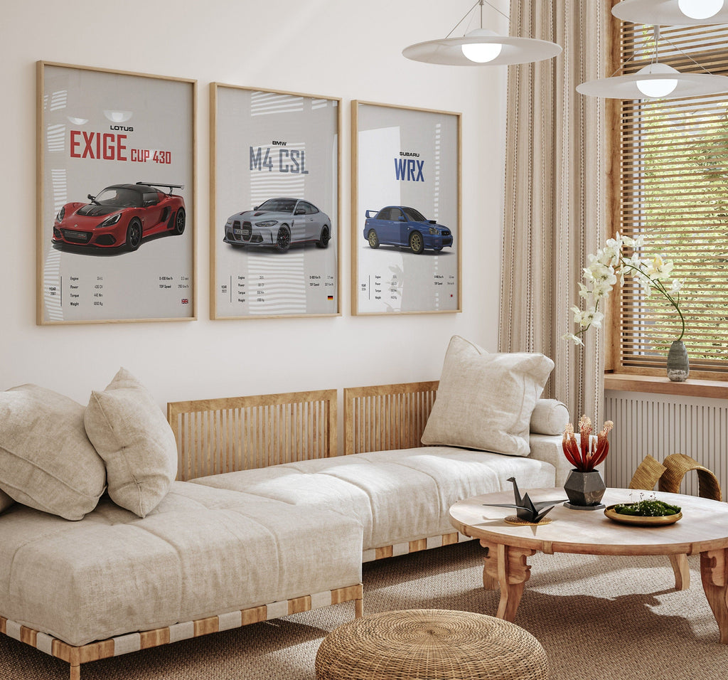 Classic Sports Car Poster · BMW, Lotus & Subaru Legends · Gift for Him · Living Room & Office Wall Art · Unframed Print