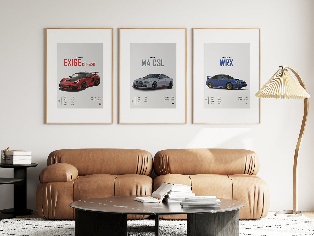 Classic Sports Car Poster · BMW, Lotus & Subaru Legends · Gift for Him · Living Room & Office Wall Art · Unframed Print