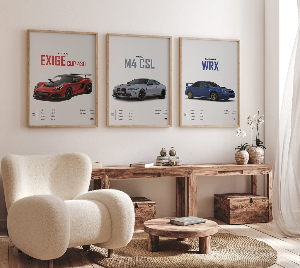 Classic Sports Car Poster · BMW, Lotus & Subaru Legends · Gift for Him · Living Room & Office Wall Art · Unframed Print