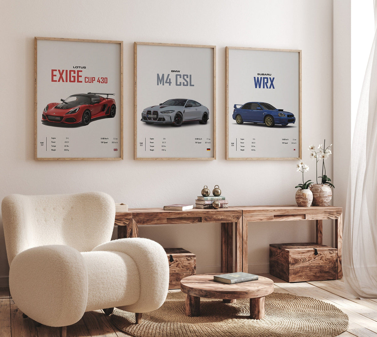 Classic Sports Car Poster · BMW, Lotus & Subaru Legends · Gift for Him · Living Room & Office Wall Art · Unframed Print